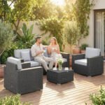 Outsunny 5 Seater Rattan Garden Furniture Set – Wide Armrests, Cushions & Pillows, Dark Grey - Image 9
