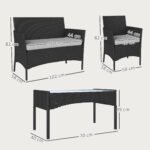 Outsunny 4 Seater Rattan Garden Furniture Set – Loveseat, 2 Armchairs, Glass Coffee Table, Cushions, - Image 21