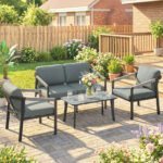 Outsunny Aluminium Garden Furniture Set – 4 Seater Patio Set with Loveseat, Armchairs & Slatted Table - Image 2