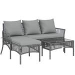 Outsunny Rattan Corner Sofa Set – 3 Piece Garden Lounge Set with Chaise, Table & Cushions