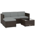 Outsunny 3 Piece Rattan Garden Corner Sofa Set with Cushions – Outdoor Patio Furniture,