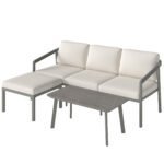 Outsunny 3 Piece Garden Dining Set – 3 Seater Sofa, Footstool & Coffee Table with Cushions