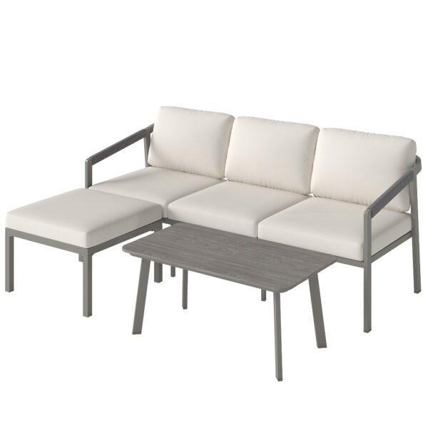 Outsunny 3 Piece Garden Dining Set – 3 Seater Sofa, Footstool & Coffee Table with Cushions