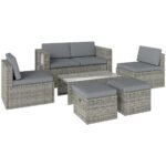 Outsunny Rattan Garden Furniture Set – 6 Piece Nesting Patio Set with Loveseat, Chairs, Table & Footstools, Dark Grey