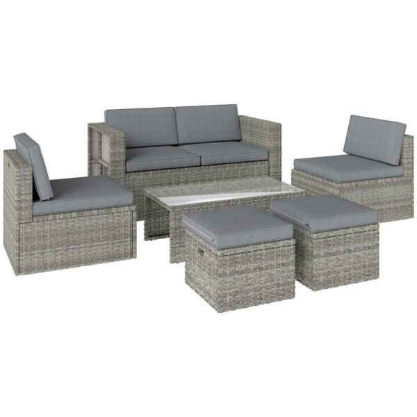 Outsunny Rattan Garden Furniture Set – 6 Piece Nesting Patio Set with Loveseat, Chairs, Table & Footstools, Dark Grey