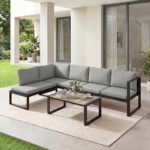 Outsunny 5 Piece Aluminium Garden Corner Sofa Set – 6 Seater Patio Furniture with Cushions & Glass Table - Image 9