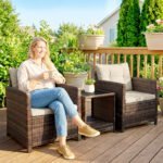 Outsunny 3 Piece Rattan Bistro Set with 2-Tier Glass Top Table & Cushioned Chairs – Garden Patio Furniture - Image 2