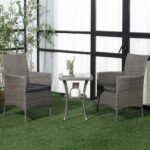 Outsunny 3 Piece Rattan Bistro Set with 2-Tier Coffee Table & Cushioned Chairs – Garden Patio Furniture - Image 2
