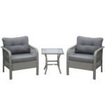 Outsunny 3 Piece Rattan Bistro Set with Glass Top Coffee Table & Cushioned Chairs – Garden Patio Furniture