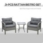 Outsunny 3 Piece Rattan Bistro Set with Glass Top Coffee Table & Cushioned Chairs – Garden Patio Furniture - Image 4
