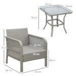 Outsunny 3 Piece Rattan Bistro Set with Glass Top Coffee Table & Cushioned Chairs – Garden Patio Furniture - Image 3