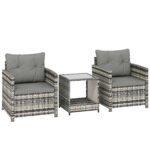 Outsunny 3 Piece Rattan Bistro Set with 2-Tier Glass Top Table & Cushioned Chairs – Garden Patio Furniture - Image 10