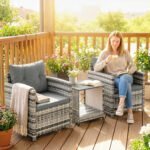 Outsunny 3 Piece Rattan Bistro Set with 2-Tier Glass Top Table & Cushioned Chairs – Garden Patio Furniture - Image 11