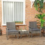 Outsunny 3 Piece Rattan Bistro Set with Glass Top Coffee Table & Cushioned Chairs – Garden Patio Furniture - Image 2
