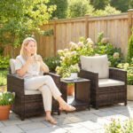 Outsunny 3 Piece Rattan Bistro Set with 2-Tier Glass Top Table & Cushioned Chairs – Garden Patio Furniture - Image 9
