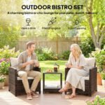 Outsunny 3 Piece Rattan Bistro Set with 2-Tier Glass Top Table & Cushioned Chairs – Garden Patio Furniture - Image 4
