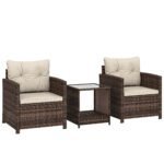 Outsunny 3 Piece Rattan Bistro Set with 2-Tier Glass Top Table & Cushioned Chairs – Garden Patio Furniture
