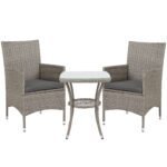 Outsunny 3 Piece Rattan Bistro Set with 2-Tier Coffee Table & Cushioned Chairs – Garden Patio Furniture
