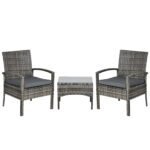 Outsunny 3 Piece Rattan Bistro Set with Glass Top Coffee Table & Cushioned Chairs – Garden Patio Furniture