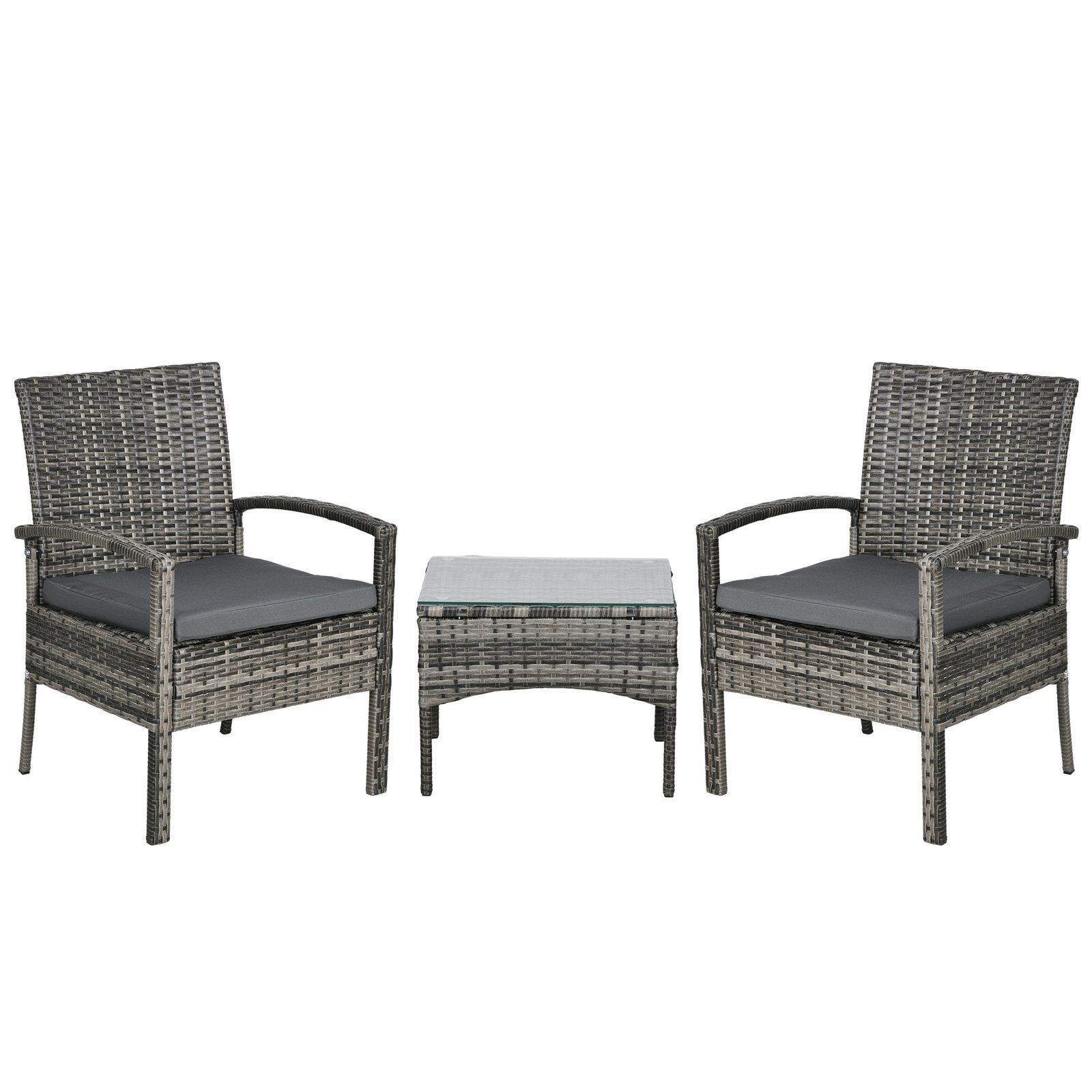 kvn84619782ec890b Outsunny 3 Piece Rattan Bistro Set with Glass Top Coffee Table & Cushioned Chairs – Garden Patio Furniture - Image 1