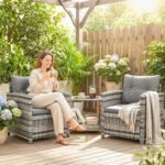 Outsunny 3 Piece Rattan Bistro Set with 2-Tier Glass Top Table & Cushioned Chairs – Garden Patio Furniture - Image 18