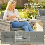 Outsunny 3 Piece Rattan Bistro Set with 2-Tier Glass Top Table & Cushioned Chairs – Garden Patio Furniture - Image 15