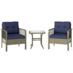 Outsunny 3 Piece Rattan Bistro Set with Glass Top Coffee Table & Cushioned Chairs – Garden Patio Furniture - Image 19