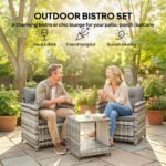 Outsunny 3 Piece Rattan Bistro Set with 2-Tier Glass Top Table & Cushioned Chairs – Garden Patio Furniture - Image 13