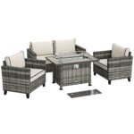 Outsunny 5 Piece Rattan Garden Furniture Set with Fire Pit Table – Grey