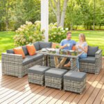 Outsunny 10 Piece Rattan Garden Furniture Set – Corner Sofa Set with Chairs, Stools & Coffee Table - Image 18