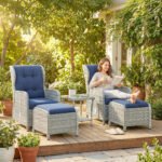 Outsunny 5 Piece Rattan Bistro Set with Adjustable Back, Cushions & Glass Top Coffee Table - Image 29