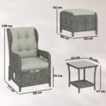 Outsunny 5 Piece Rattan Bistro Set with Adjustable Back, Cushions & Glass Top Coffee Table - Image 39