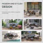 Outsunny 8 Seater Rattan Garden Dining Sofa Set – Corner Furniture Set with Table, Stools & Cushions - Image 16