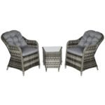Outsunny 3 Piece Rattan Bistro Set with Cushions & Glass Top Table