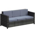 Outsunny 3 Seater Rattan Garden Sofa – All Weather Wicker with Metal Frame & Fire Resistant Cushions
