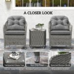 Outsunny 3 Piece Rattan Bistro Set with Cushions & Glass Top Table - Image 15