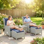 Outsunny 5 Piece Rattan Bistro Set with Adjustable Back, Cushions & Glass Top Coffee Table - Image 35