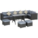 Outsunny 10 Piece Rattan Garden Furniture Set – Corner Sofa Set with Chairs, Stools & Coffee Table