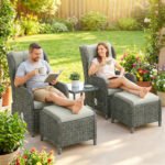Outsunny 5 Piece Rattan Bistro Set with Adjustable Back, Cushions & Glass Top Coffee Table - Image 45