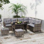 Outsunny 8 Seater Rattan Garden Dining Sofa Set – Corner Furniture Set with Table, Stools & Cushions - Image 11