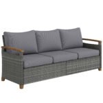 Outsunny 3 Seater Rattan Garden Sofa – Wide Deep Seat with 4 Inch Cushions & Wood Effect Armrests