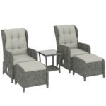 Outsunny 5 Piece Rattan Bistro Set with Adjustable Back, Cushions & Glass Top Coffee Table - Image 37