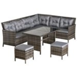 Outsunny 8 Seater Rattan Garden Dining Sofa Set – Corner Furniture Set with Table, Stools & Cushions - Image 10