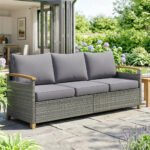 Outsunny 3 Seater Rattan Garden Sofa – Wide Deep Seat with 4 Inch Cushions & Wood Effect Armrests - Image 2