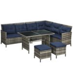 Outsunny 7 Seater Rattan Garden Sofa Set – Patio Furniture with Cushions & Glass Table