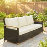 Outsunny 3 Seater Rattan Garden Sofa – Wide Deep Seat with 4 Inch Cushions & Wood Effect Armrests - Image 18