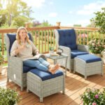 Outsunny 5 Piece Rattan Bistro Set with Adjustable Back, Cushions & Glass Top Coffee Table - Image 36