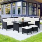 Outsunny 8 Seater Rattan Garden Dining Sofa Set – Corner Furniture Set with Table, Stools & Cushions - Image 2