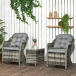 Outsunny 3 Piece Rattan Bistro Set with Cushions & Glass Top Table - Image 2