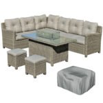 Outsunny 8 Seater Rattan Garden Sofa Set with Fire Pit Table, L-Shape Seating & Furniture Cover